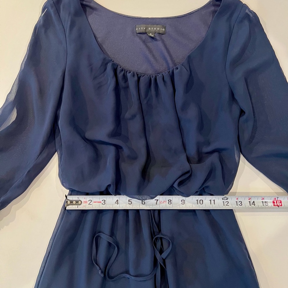 City Studio Crochet Blouson Waist Split Sleeve Navy Dress Sheer Small Delicate - Picture 5 of 15